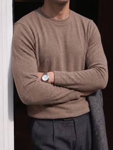 Men's Solid Color Crew Neck Long Sleeve Base Layer T-Shirt, Soft Textured Casual Pullover Inner Top For Spring And Autumn - Brown - View 3