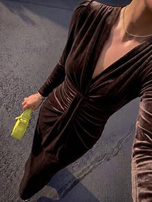 Unadoll Women Fall‑Winter Brown Velvet Midi Dress, Elegant Ruched Bodycon Long Sleeve Dress, Chic Outfit For Party, Date Night & Homecoming - Coffee - View 1