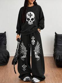 ZZG Es Trus Autumn/Winter Black Two Pieces Sportswear Round Neck Sweatshirt Straight Leg Pants "Halloween Skull Wings" Printed Pattern Fleece Street Casual - Black - View 1