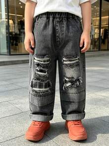 Boys' Loose Distressed Straight Leg Denim Jeans, Autumn Casual Long Pants For Daily, School, Outdoor Wear - Dark Grey - View 6