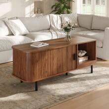 Coffee Table With Sliding Door, Modern Living Room Table With Storage Space, Rectangular Sofa Table With Slatted Look, Side Table With Open Storage Compartment For Living Room, 110 X 40 X 55 Cm - Brown - View 8