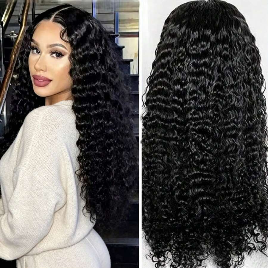 Natural Deep Wave Human Hair Wigs 36 Inch Extra Long 13x4 13x6 HD Lace Frontal Design 200 Density Voluminous Tangle Free Durable Hair Wigs - Natural Black - Ver 1