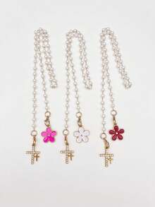 1pc/3pcs, Charming Double Cross Flower Pearl Chain Mirror Decor, Cute Pink Five-Petal Flower Car Rearview Mirror Hanging Ornament, Car Interior Accessory, Women's Car Essential, Ladies Room Decor, Bag Charm, Fun Gift - A - View 12