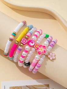 6pcs/Set Multi-Color Sweet Cute Soft Clay Resin Faux Pearl CCB Beads Shell Starfish Turtle Ocean Elements Evil Eye Flower Pentagram Bracelet Set, Suitable For Women Daily Wear And Gift - Multicolor - View 6