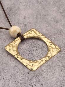 1pc Bohemian Style Exaggerated Bold 3D Textured Square Pendant With Quality Round Bead Necklace, Artistic Minimalist Wax Cord Long Sweater Chain, Niche Aesthetic Accessory, Christmas Halloween Gift For Best Friend, Girlfriend, Mother, Holiday Gift - Wax Rope - View 1