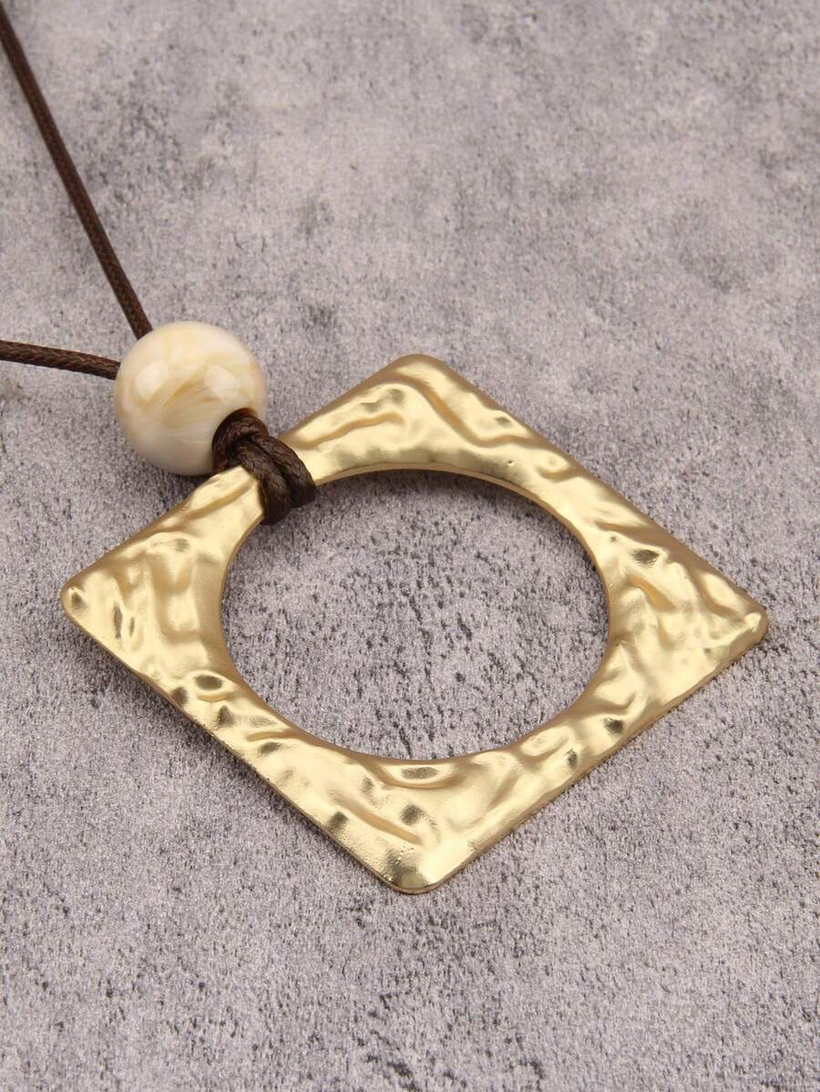 1pc Bohemian Style Exaggerated Bold 3D Textured Square Pendant With Quality Round Bead Necklace, Artistic Minimalist Wax Cord Long Sweater Chain, Niche Aesthetic Accessory, Christmas Halloween Gift For Best Friend, Girlfriend, Mother, Holiday Gift - Wax Rope - View 1