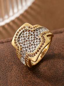 ZHIXUN 1pc Vintage Elegant Inlaid Synthetic Zirconia Dual-Color Hollow Pattern Women's Ring, Versatile Accessory For Daily Wear, Dating, Party, Banquet - Ring - View 3