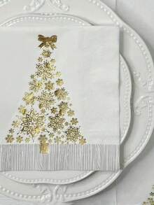 20pcs Gold Foil Christmas Tree Napkins – White Background Featuring Gold And Silver Foil Christmas Tree Patterns And Elegant Snowflake Designs, Accented With Gold Bows; Suitable For Christmas Celebrations. - Multicolor - View 10