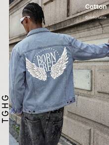 Light Blue Denim Jacket With White Wing Graphic On Front And "BORN FREE" Print On Back, Long Sleeve, Lapel Collar, Button Front Closure, Pockets, Y2K Style - Light Denim Blue - View 10