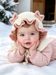 0-2 Years Old Baby Girl Knitted Hat, Cute Bow Rabbit Ears Ruffle Edge, Soft Warm Tie Knitted Hat, Autumn/Winter Cute Infant Toddler Headwear - Multicolor - View 6