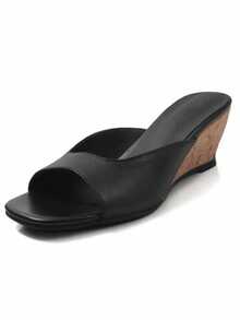 2026 Spring/Summer New Women's Faux Leather Mule Wedge Open-Back Sandals - Black - View 8