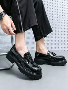 Men's Versatile Business Casual Thick Sole Height-Increasing Slip-On Black & White Colorblock Loafers - Glossy Black - View 11