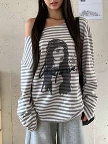 Kaos Lengan Panjang Bergaris Longgar dengan Bahu Asimetris Model Baru, Potongan Acak - Light Grey - View 1