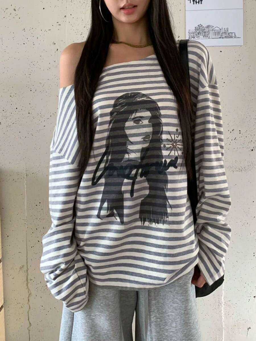 Kaos Lengan Panjang Bergaris Longgar dengan Bahu Asimetris Model Baru, Potongan Acak - Light Grey - View 1