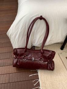Modische hochwertige weinrote PU-Material Damen Schultertasche, hochwertige exquisite Hardware Schlaufe mit dekorativer Schultertasche/Pendler-Tasche - Bordeaux - Übersicht 2