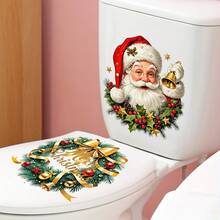 1pc Christmas Toilet Decor Sticker, Santa Claus & Christmas Wreath Bell With Merry Christmas Element, Self-Adhesive Decor Sticker For Bathroom - Multicolor - View 6