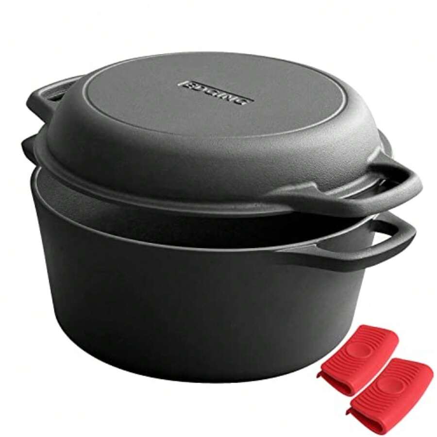EDGING CASTING - Olla de hierro fundido presazonada 2 en 1 con tapa de sartén, sartén de hierro fundido con doble asa, para interior y exterior para pan/freír/hornear/acampar/barbacoa, 5 cuartos - Ver 1