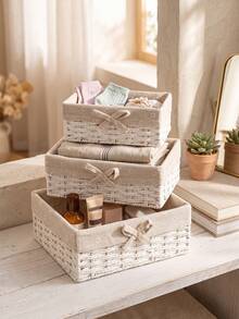 1Pc/3Pcs Hand‑Woven Storage Basket,Fabric‑Lined Decorative Desktop Organizer Bin,Multi‑Purpose Home Basket For Snacks,Cosmetics,Toys,Keys,Stationery,Ideal For Coffee Table,Cabinet,Decor Gift Storage Basket - White - View 8
