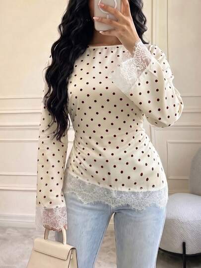 Women's Spring/Autumn Light Apricot With Brown Polka Dot Round Neck Lace Flare Long Sleeve Blouse, Back Tie Waist, Daily Commute Gentle Elegant Shirt