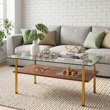 Moderner Couchtisch Mit Glasplatte Und MDF Ablage, Wohnzimmertisch Mit Goldfarbenem Metallgestell, Rechteckiger Sofatisch Im Luxus Design, Holzoptik-H45/B98/T58 Cm - Brown - View 7
