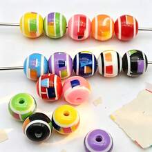 60pcs 10mm Colorful Geometric Striped Resin Round Beads, Contrast Mosaic Straight Hole Loose Beads, DIY Phone Chain Handmade Beaded Jewelry Accessories - Multicolor - View 8