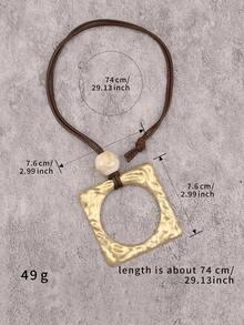 1pc Bohemian Style Exaggerated Bold 3D Textured Square Pendant With Quality Round Bead Necklace, Artistic Minimalist Wax Cord Long Sweater Chain, Niche Aesthetic Accessory, Christmas Halloween Gift For Best Friend, Girlfriend, Mother, Holiday Gift - Wax Rope - View 4