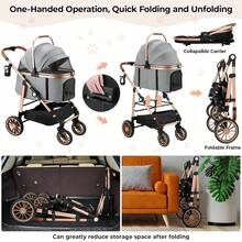 3-In-1 Foldable Dog Buggy Up To 20kg | Foldable Cat Stroller, Pet Buggy With 4 360° Rubber Wheels, With Storage Basket And Cup Holder - 金色+灰色 - 查看 6
