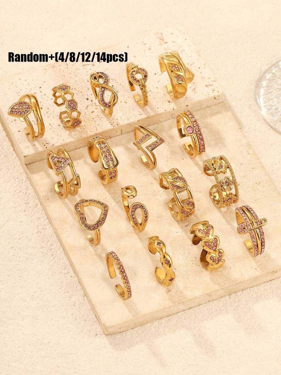 4/8/12/14pcs Stainless Steel 18K Gold Plated 3D Pattern Mixed High-Quality Pink Rhinestone Open Ring Set Blind Bag, Random Style As Shown - Pink - View 1