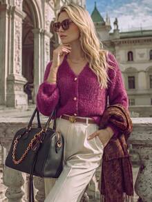 NiceArt Women's Vintage Fluffy Knit Cardigan Sweater, Long Sleeve Front Button Elegant Knit Jacket, Autumn Outfit, Daily Office, Halloween - Burgundy - View 3
