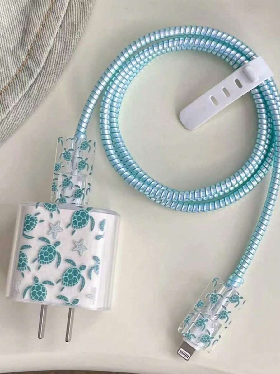 5pcs Blue Sea Turtle Pattern Data Cable Protector, Compatible With 20W Apple 16 15 Charger, Compatible With Iphone 14 13 12 Fast Charging, Ocean Theme, Summer Gift - Sea Turtles and Starfish - View 1