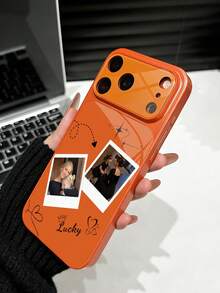 1 buah Casing Ponsel Kaca Tempered Jendela Besar Mewah DIY Kustomisasi Ganda dengan Foto & Nama, Anti Jatuh, Kompatibel dengan Apple Duo/18ProMax/17ProMax/16Pro/15/14Plus/13Pro/12ProMax/11, Pelindung Premium Cakupan Penuh - Jeruk - View 3
