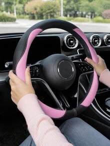 1PC Black Pink PU Leather Steering Wheel Cover, Cute Feminine Car Interior Accessories, Stylish Color Block Round Auto Decor With Soft Textured Grip, Premium Stitched Universal Fit Steering Wheel Protector For Women Daily Commute Road Trip - A - View 4