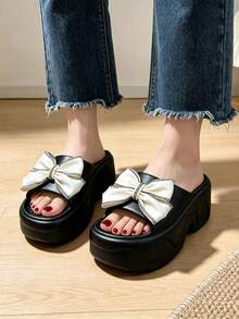 Women's Rhinestone Bow Platform Slide Sandals, EVA Thick Sole Open Toe Slippers, Height-Increasing Sandals, Suitable For Indoor And Outdoor Wear - Style C-black - View 2