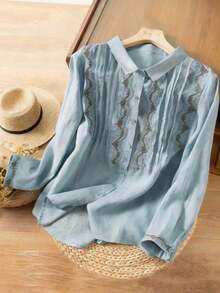 Summer Vintage Bohemian Loose Casual Commute Lapel Long Sleeve Embroidered Shirt Cardigan Top, Autumn Hobo Artistic Elegant Embroidered Lapel Blouse, All-Season Versatile Commute Office Vacation Holiday Party Tea Party Embroidered Casual Everyday Outing Shirt, Blue Shirt, Button Up Shirt For Women - Blue - View 2