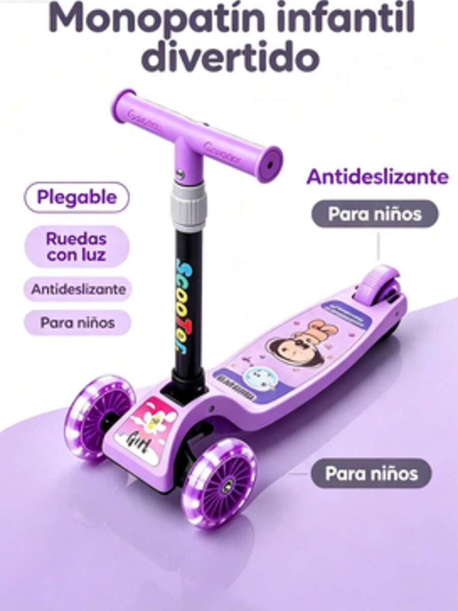 Patinete de 3 ruedas para niñas, altura regulable, plegable, ruedas luminosas, diseño de dibujos animados, juguete para niños principiantes - Multicolor - Ver 1