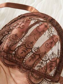 2件組女款刺繡內衣套裝，半透心形胸罩與蝴蝶結內褲，性感睡衣，女款秋季服飾 - 咖啡棕 - 查看 7