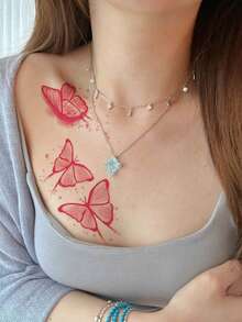 1pc Halloween Pink Aesthetic Butterfly Pattern Temporary Waterproof Tattoo Sticker For Makeup, Street, Party, Gift, Arm, Shoulder, Neck, Collarbone, Waist, Abdomen, Body - Hot Pink - View 3