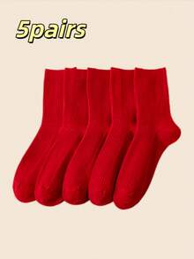1 Pair Solid Red & Striped Socks, Breathable Long Socks For Chinese New Year, Versatile For Autumn/Winter - Red - View 7