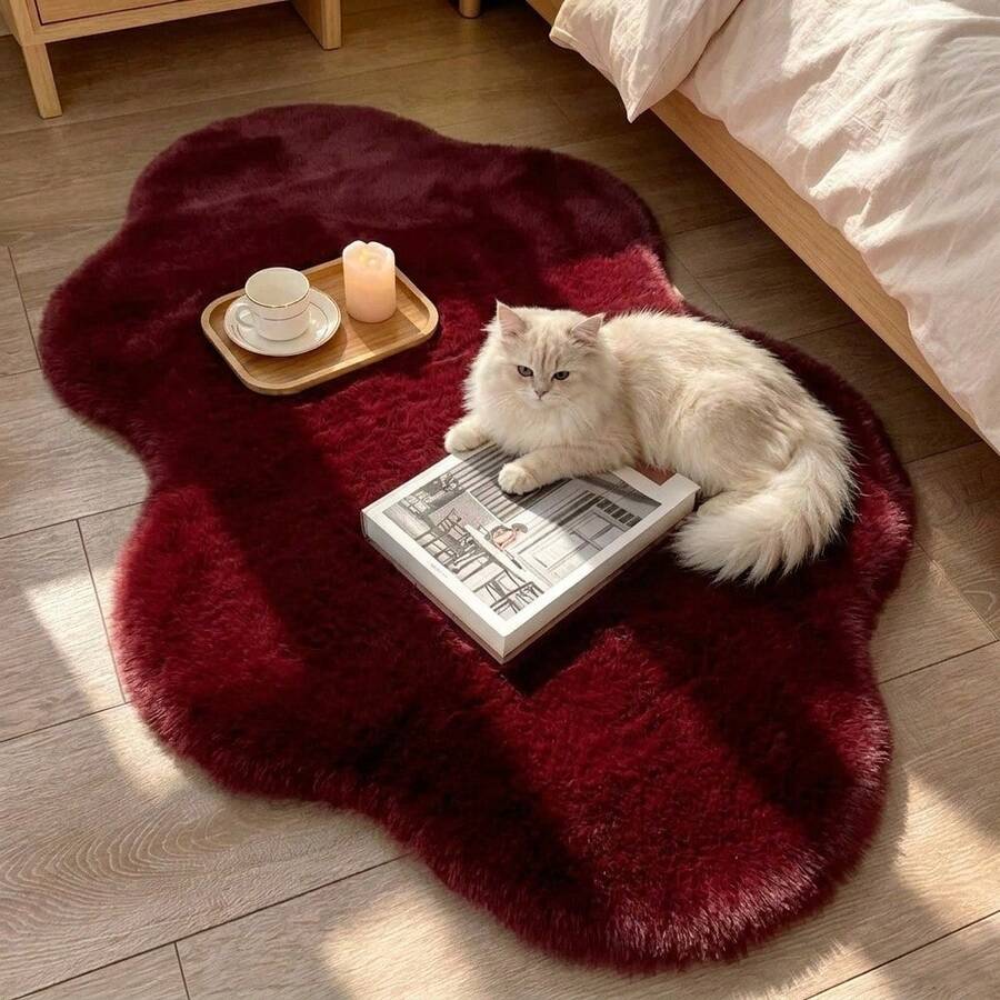 1pc Burgundy Cloud-Shaped Plush Rug, Asymmetrical Bedside Rug, Cutting Error 1-5cm, Bedroom Bed End Rug, Living Room Small Coffee Table Rug, Nordic Ins Style Decor, Small Rug, Rug, Home Decor, Living Room Rug, Bedroom Rug, New Year Festive Home Decor, Washable Rug, Plush Rug, Fuzzy Rug, Autumn/Winter Rug, Thick/Plush - Burgundy - View 1