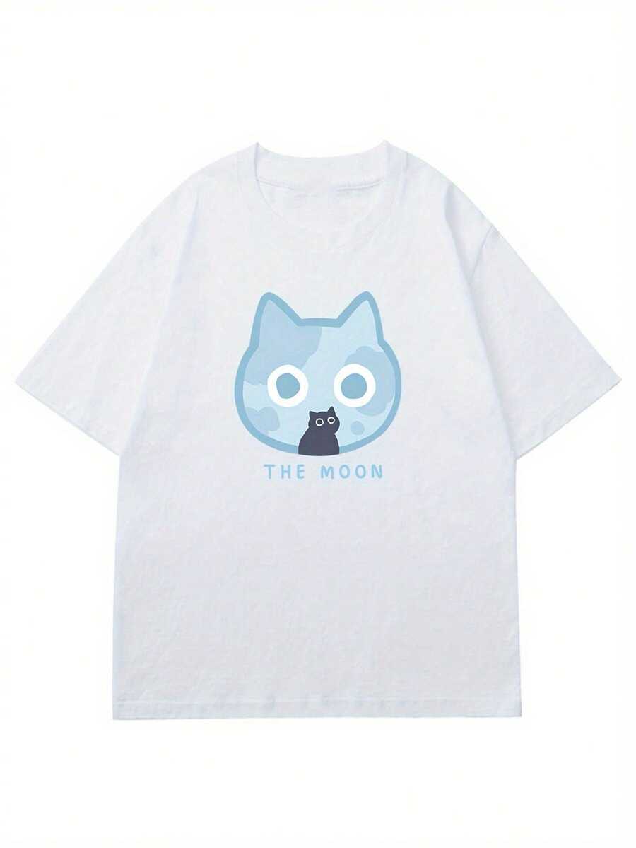 Men's Cotton T-Shirt With Cartoon Cat Print - Casual Crew Neck, Short Sleeve Tee For Summer | Machine Washable - 白色 - 查看 1