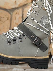 Women's Round Toe Thick Sole Side Zipper Boots Autumn 2026 New Arrival British Style Lace-Up Buckle Ankle Ankle Boots - Grey - View 6