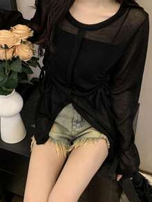 Kaos Kasual Wanita Warna Polos, Kerah Bulat, Lengan Panjang, Tali Serut, Belahan di Bagian Bawah, Tanpa Lapisan Dalam, Warna Hitam - Hitam - View 4