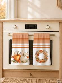 2pcs Autumn Fruit Pumpkin Wreath Pattern Kitchen Towels, Soft Polyester Material Dish Cloths, Suitable For Kitchen Decoration, Kitchen Cleaning, Holiday Party Decor, Kitchen Bathroom Supplies Home Essentials, Home Decor, Housewarming Gift - Multicolor - View 8