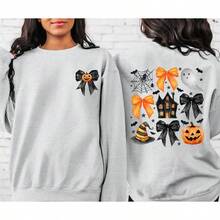 Coquette Pumpkin Ghost Halloween Sweatshirt, Halloween Bows Pumpkin Sweater - 樣式1 - 查看 2
