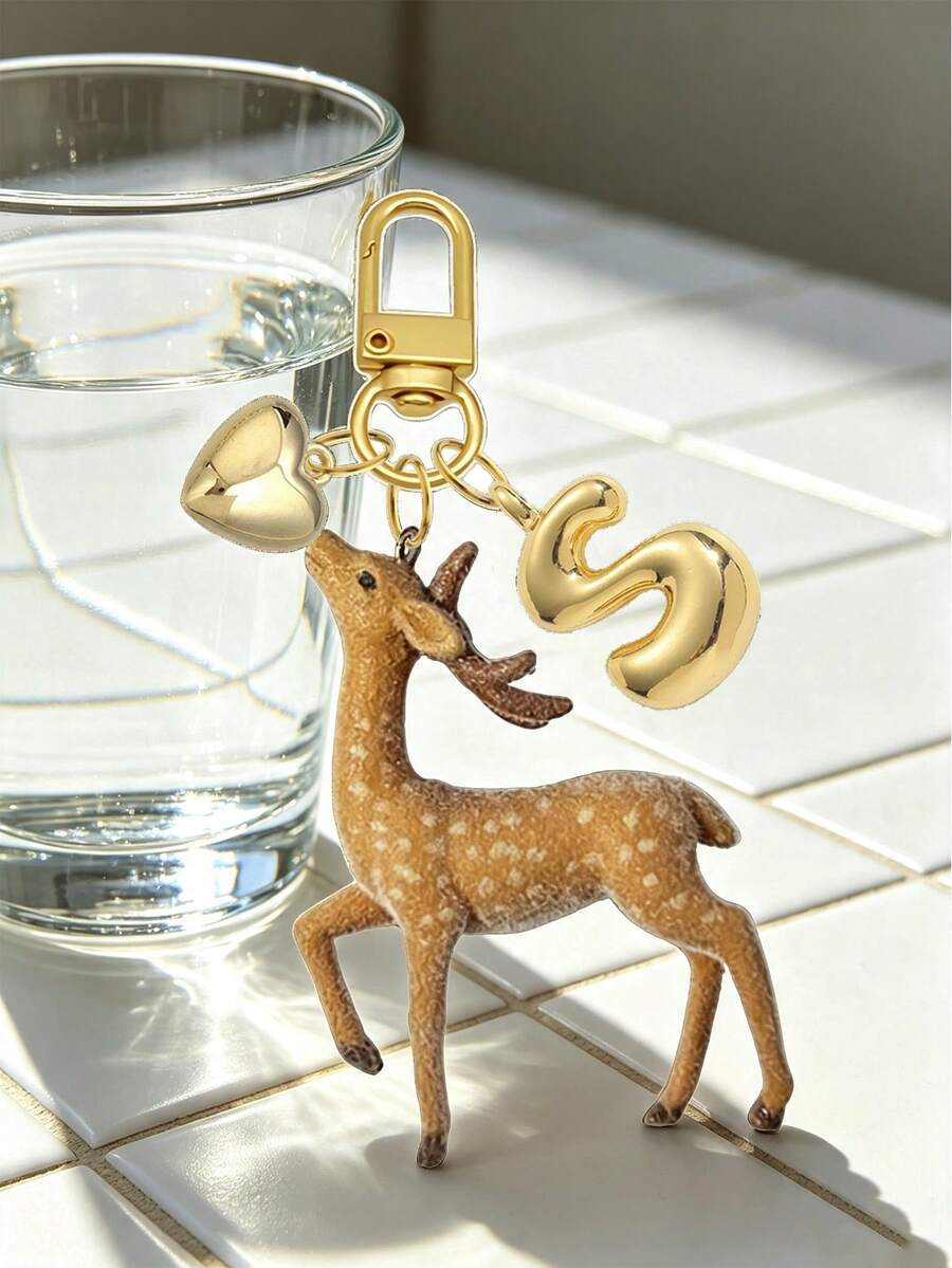 Flocked Animal Pendant, Heart Letter Deer Bag Charm, Journey Atmosphere Y2K Retro Car Hanging Keychain Gift, Flocked Plum Deer Pendant, Beautiful And Practical, Bag Accessory, Symbolizing Good Luck, Birthday Gift, Valentine's Day Gift, Teacher's Day Gift, Back To School Gift, Christmas Gift, Ideal Choice For Women And Girls - Multicolor - View 1
