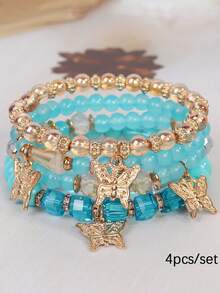 4pcs/Set Bohemian Style Multi-Layer Time Gem Butterfly Pendant Asymmetrical Beaded Bracelet Set, Suitable For Daily Wear, Gift - Time Gem Butterfly Bracelet - View 15
