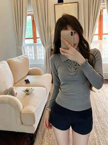 Sweater Rajut Lengan Panjang Kancing Kerah Polo Gaya Klasik untuk Wanita, Desain Musim Gugur/Dingin, Atasan Pelangsing - Grey - View 7
