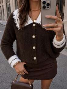 Women's Colorblock Collar Gold Button Knit Cardigan - Brown - View 1