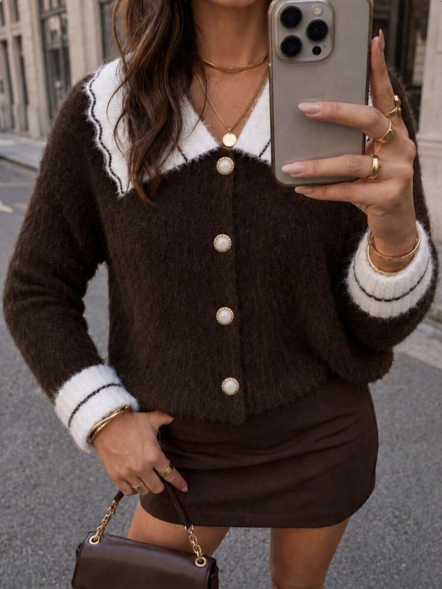 Women's Colorblock Collar Gold Button Knit Cardigan - Brown - View 1
