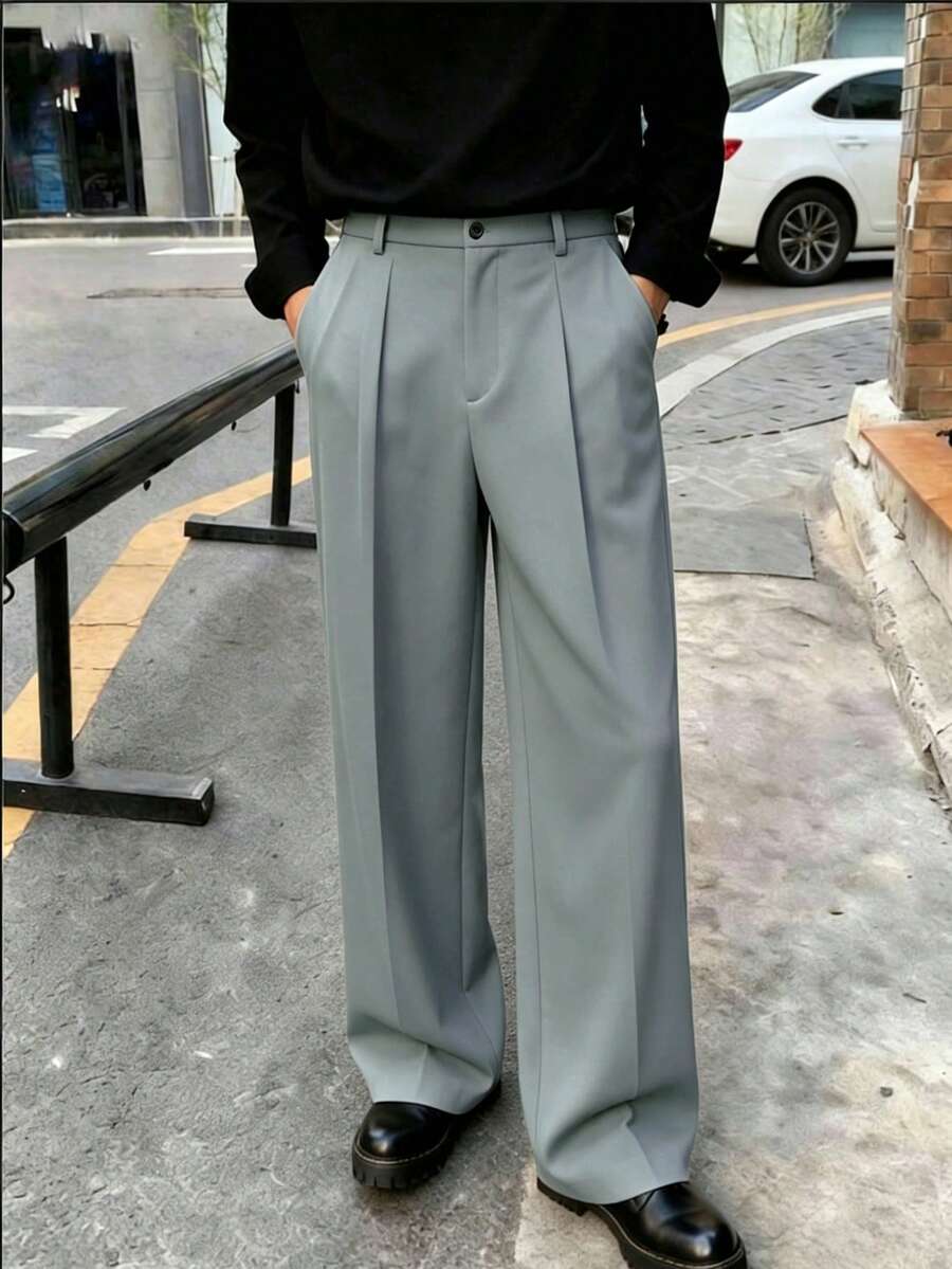 男士純色百褶口袋休閒百搭日常旅行西裝長褲 - 淺灰色 - 查看 1